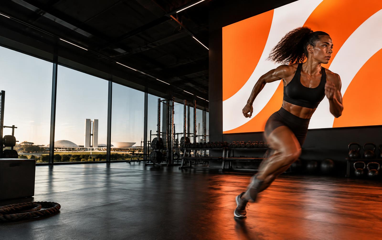 Academia contemporânea com mídia digital e atleta em movimento